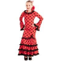 Costume de Sévillane rouge avec pois noirs pour fille