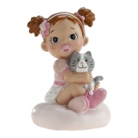 Figurine pour gâteau de baptême de bébé fille avec chat - 10 x 6 cm