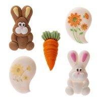 Figurines en sucre de lapins, carottes et fleurs de Pâques - 48 unités