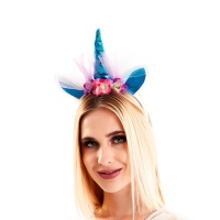 Serre-tête licorne bleu avec fleurs et tulle